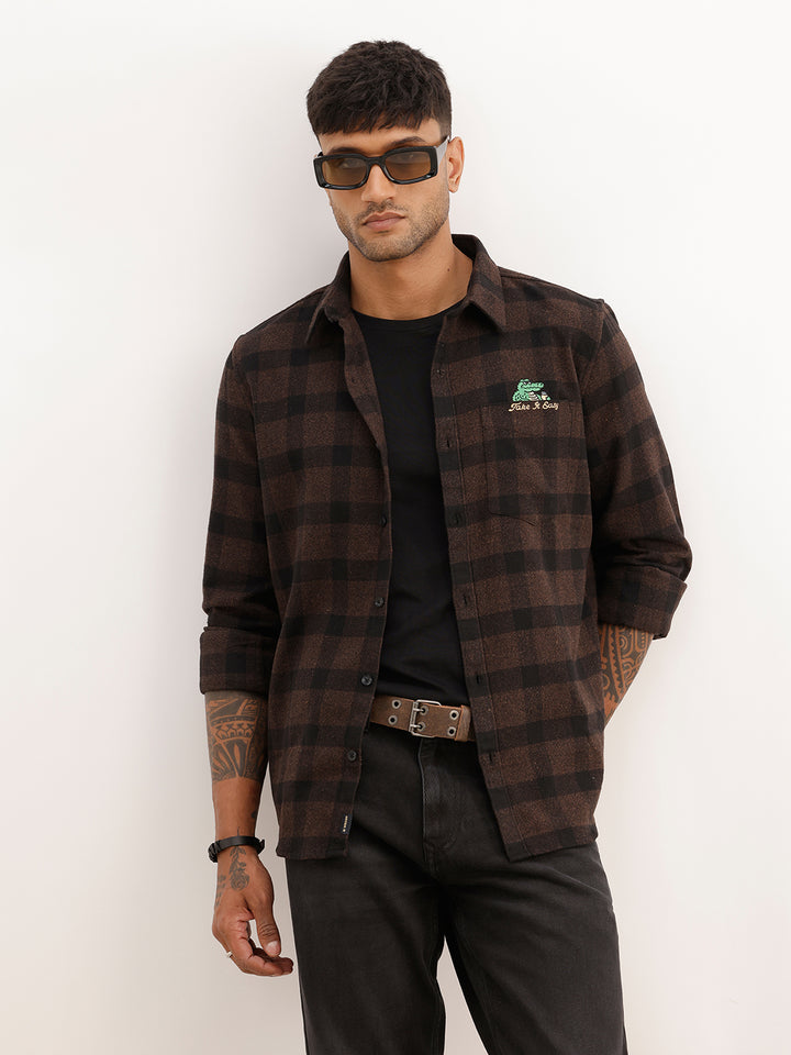 Slim Fit Checkered Embroidery Detail Shirt | Brown