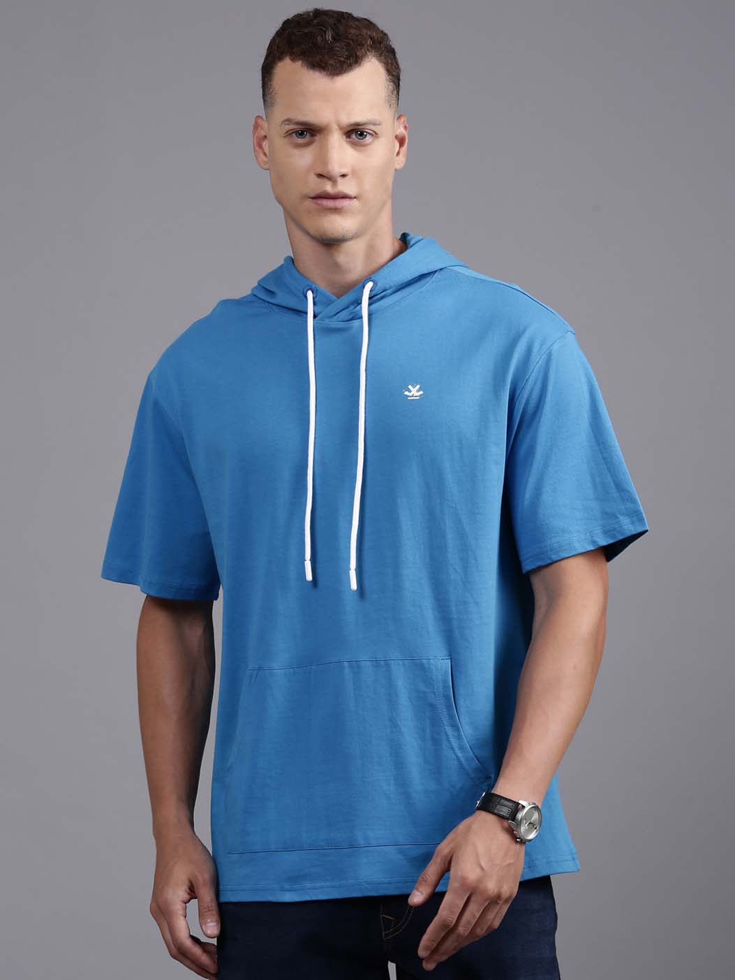 Blue Hooded Back Print T-Shirt