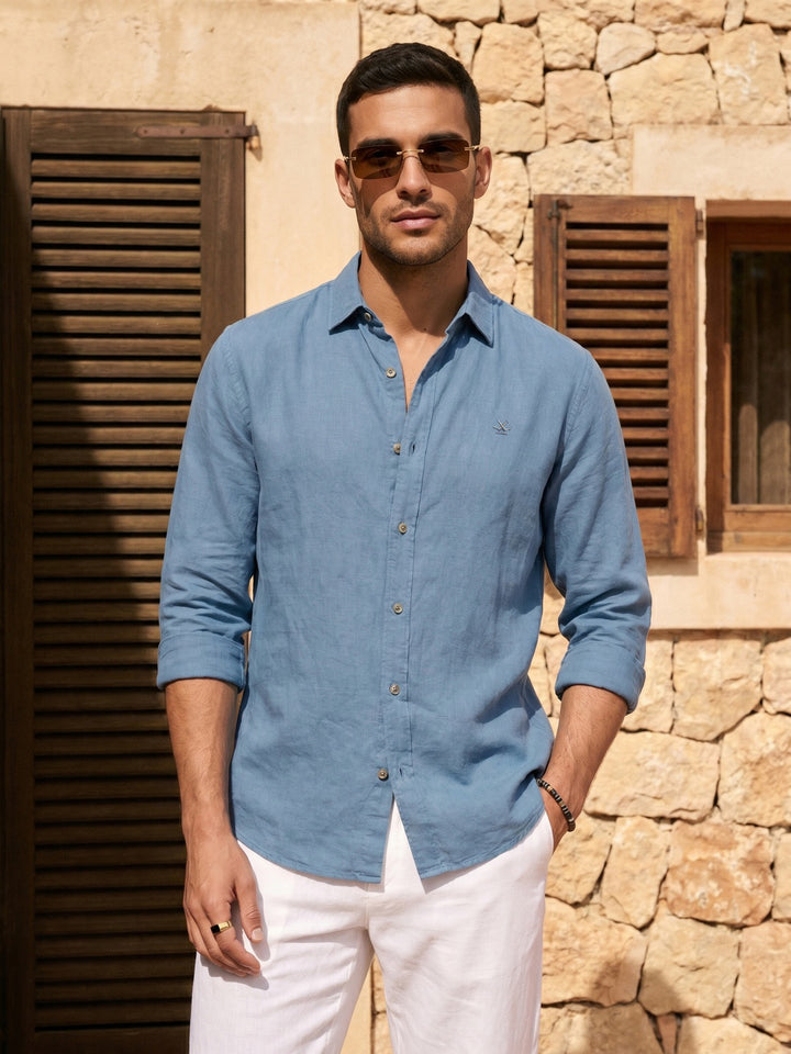 Solid Linen Blend Slim Fit Shirt | Blue