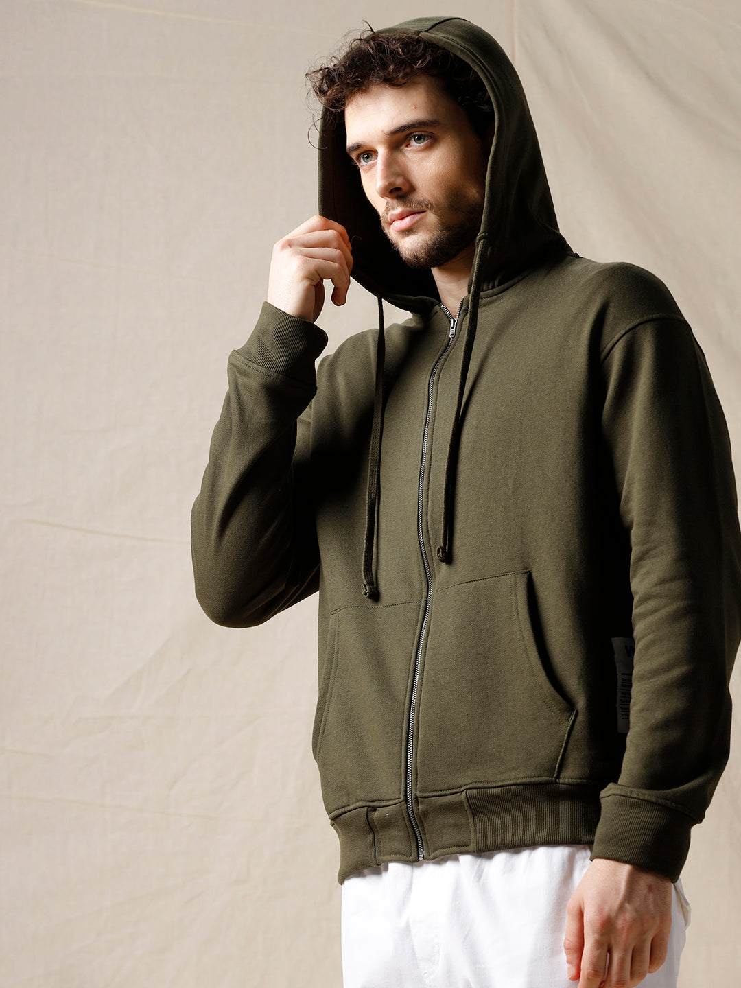 Contrast Full Zip Olive Hoodie