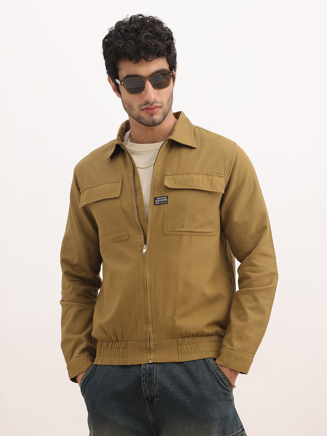 Solid Comfort Fit Double Pocket Jacket | Khaki
