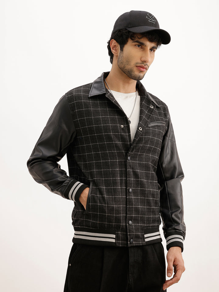 Classic Regular Fit Checkered Pannel Jacket | Black