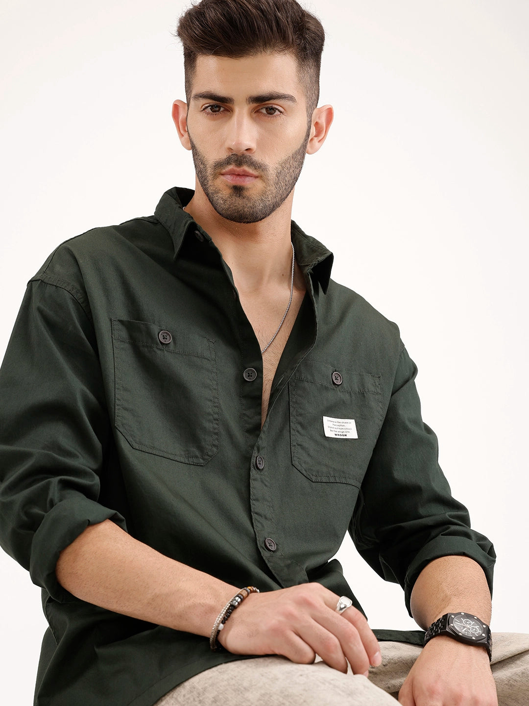 Oversized Fit Double Pocket Patch Detailed Shirt | Dark Green