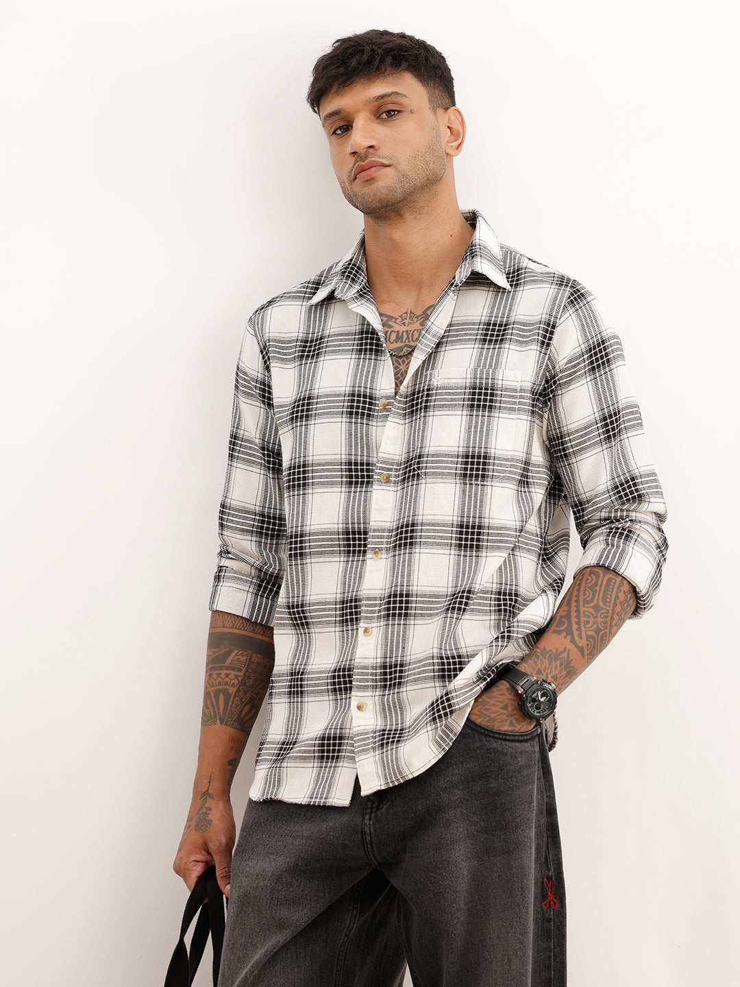 Regular Fit Checkered Full Sleeve Shirt | White
