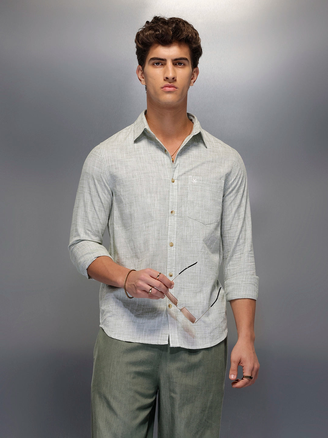 Solid Linen Blend Shirt   |  Green