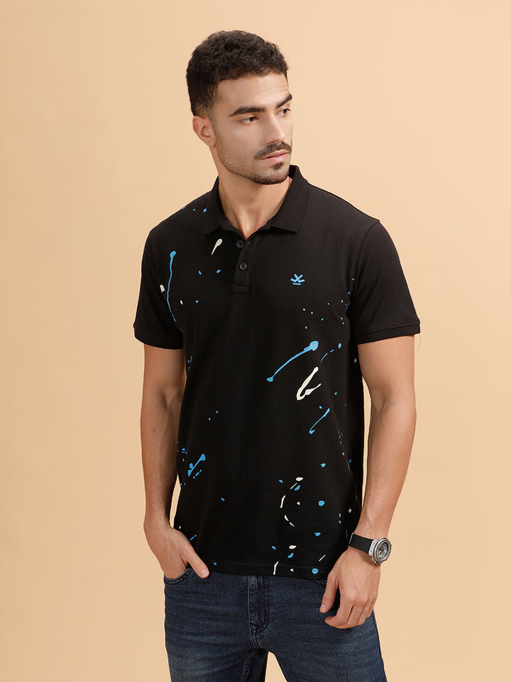 Paint Splatter Printed Polo T-Shirt | Black