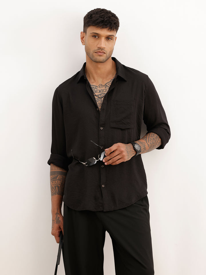 Solid Slim Fit Full Sleeve Shirt | Black