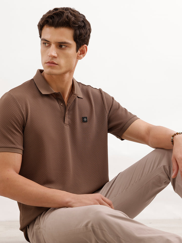 Slim Fit Solid Textured Polo T-Shirt  | Brown