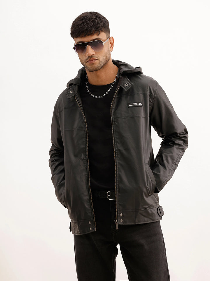 Solid Zipper Hooded Jacket | Black