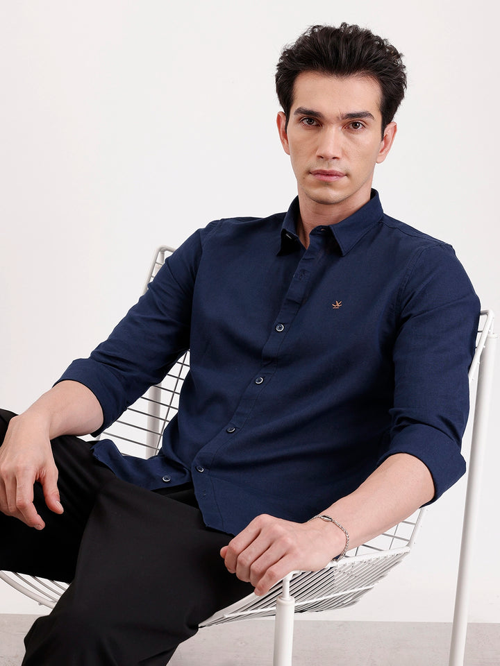 Solid Slim Fit Linen Blend Shirt  | Navy Blue