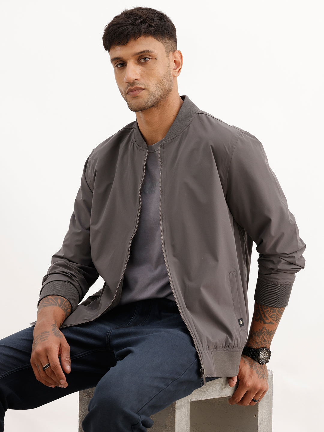 Solid Regular Fit Zipper Jacket | Grey