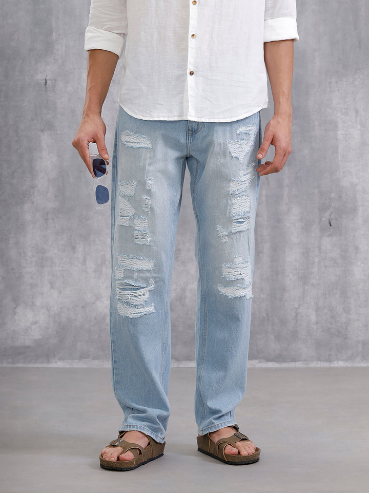 Solid Anti Fit Distressed Jeans | Light Blue