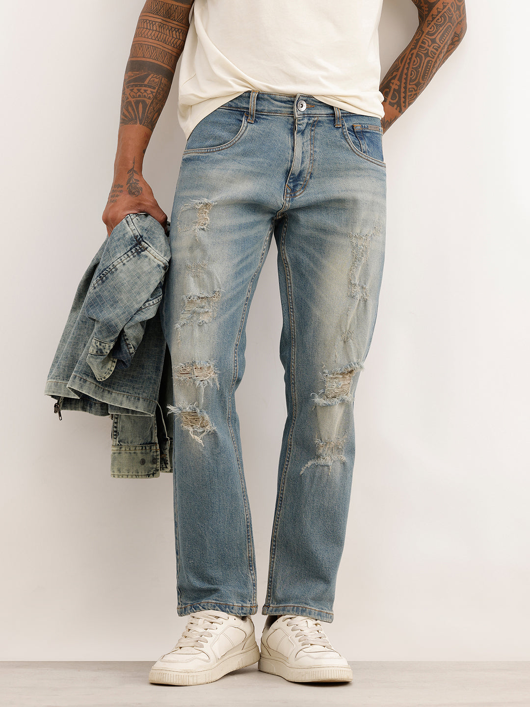 Faded Anti Fit Distressed Denim Jeans | Light Blue
