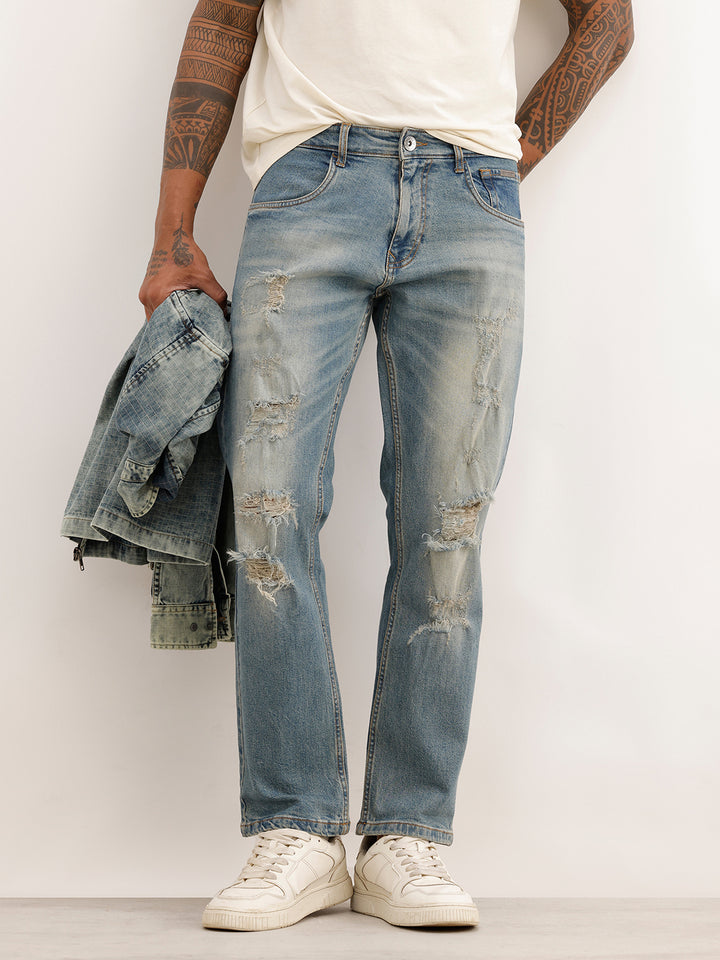 Faded Anti Fit Distressed Denim Jeans | Light Blue
