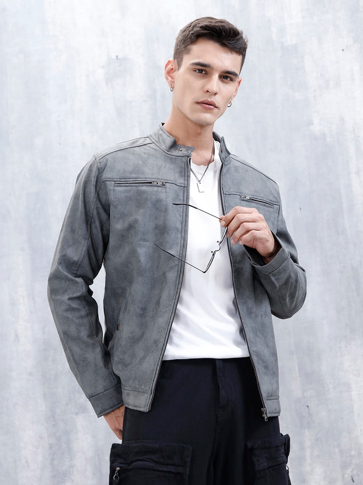 Men's Casual Slim Fit Biker Jacket | Grey