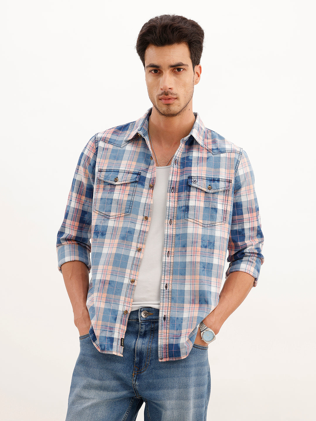 Slim Fit Washed Indigo Checkered Shirt | Blue