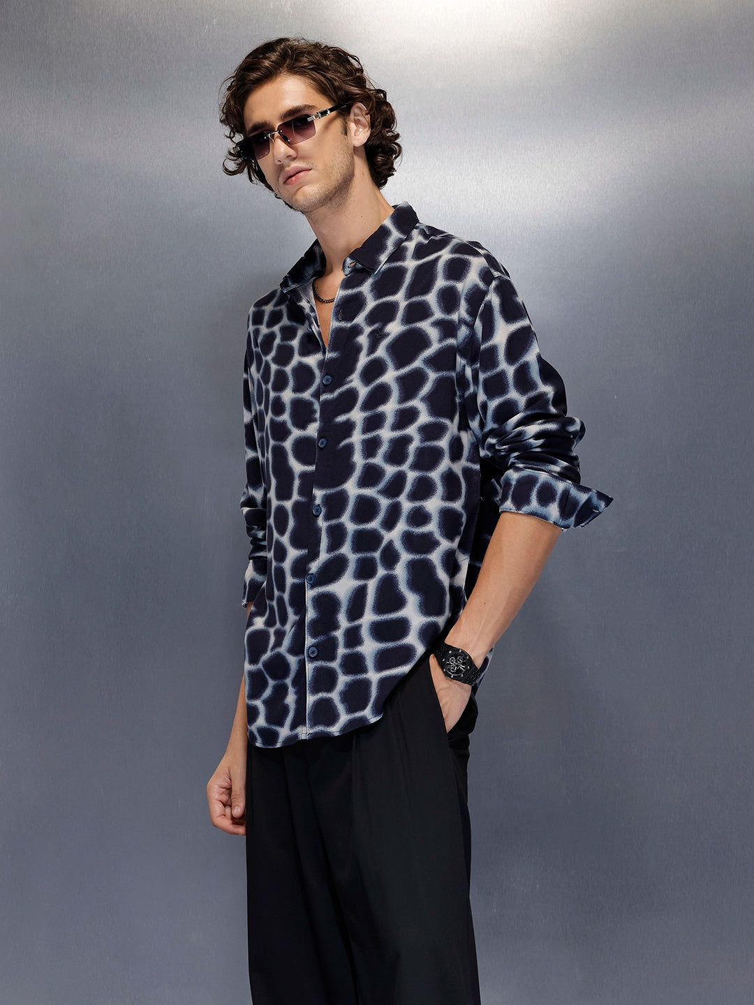 Men’s abstract pattern oversize shirt | Navy
