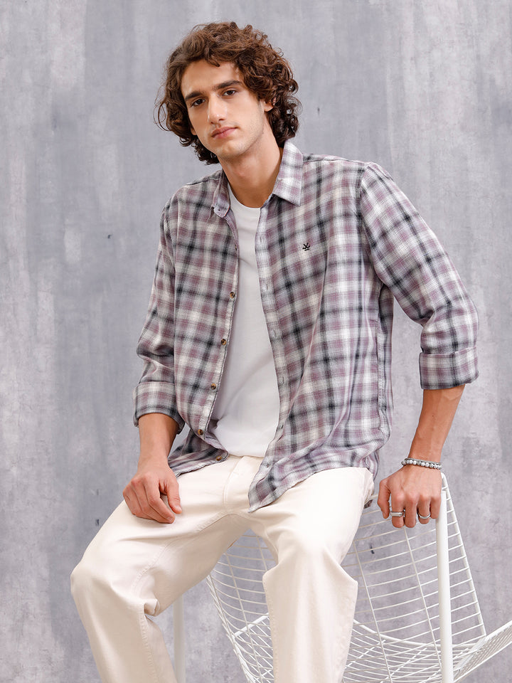 Cotton Twill Shadow Check Shirt In Slim Fit | Grey