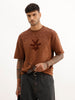 Oversized Placement Flock Printed T-Shirt | Brown