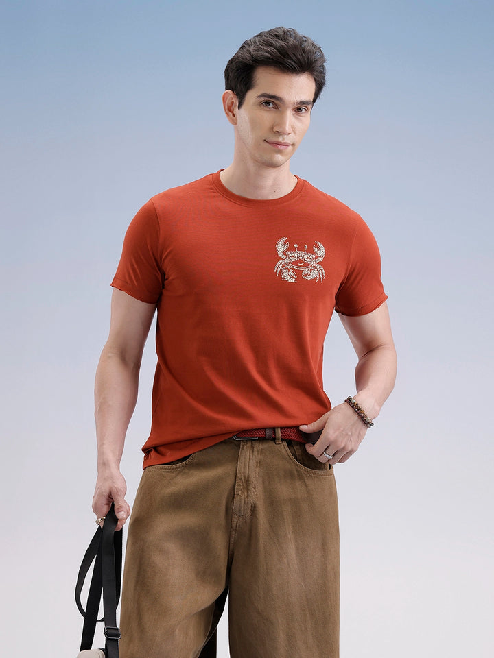 Slim Fit Classic Placement Printed T-Shirt  | Rust