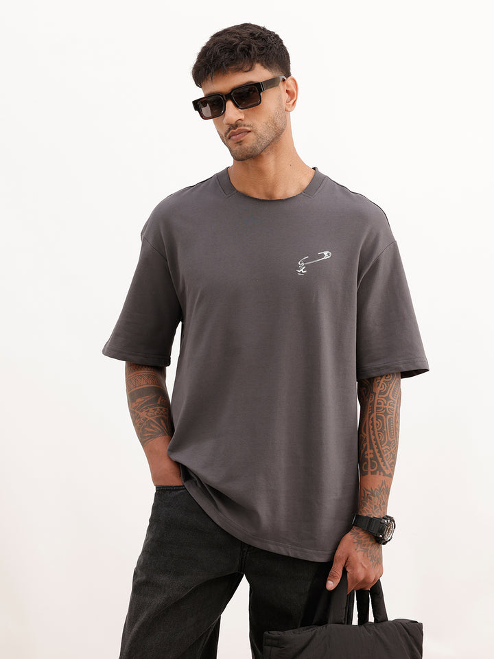 Oversized Placement Printed T-Shirt | Dark Grey
