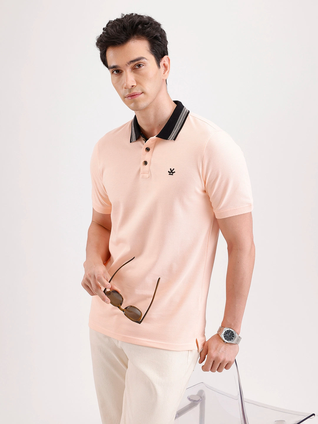 Jacquard Collar Polo T-Shirt  | Peach