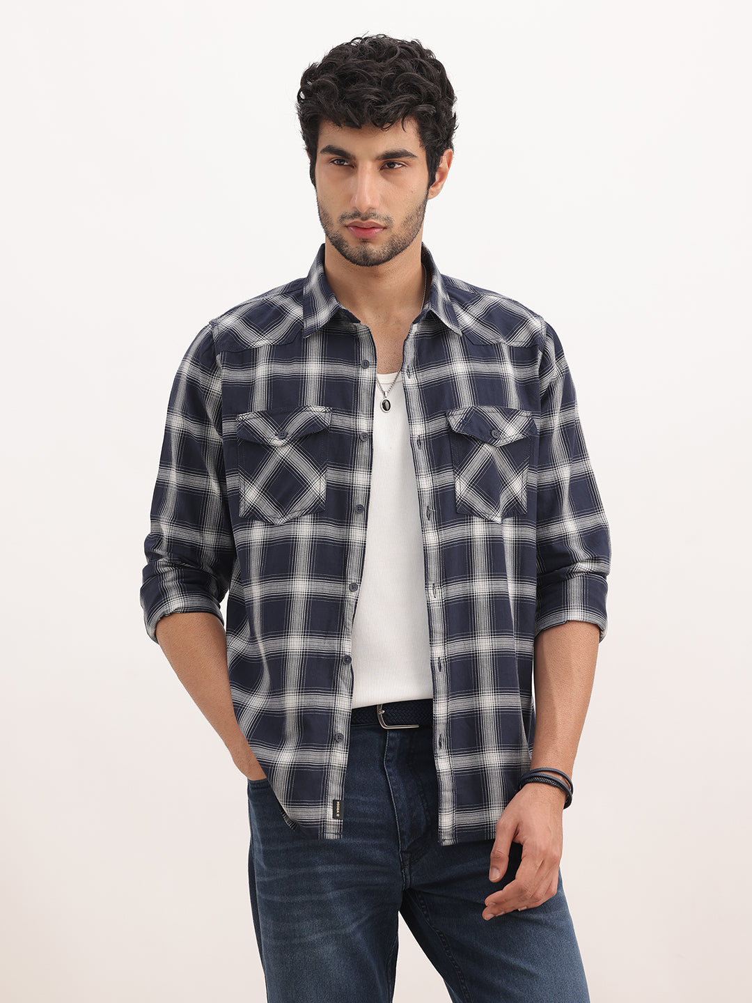 Slim Fit Checkered Double Pocket Shirt | Navy Blue
