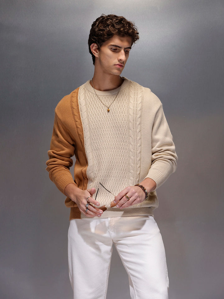 Men's Slim Fit Cable Knit Colorblocked Sweater  |  White