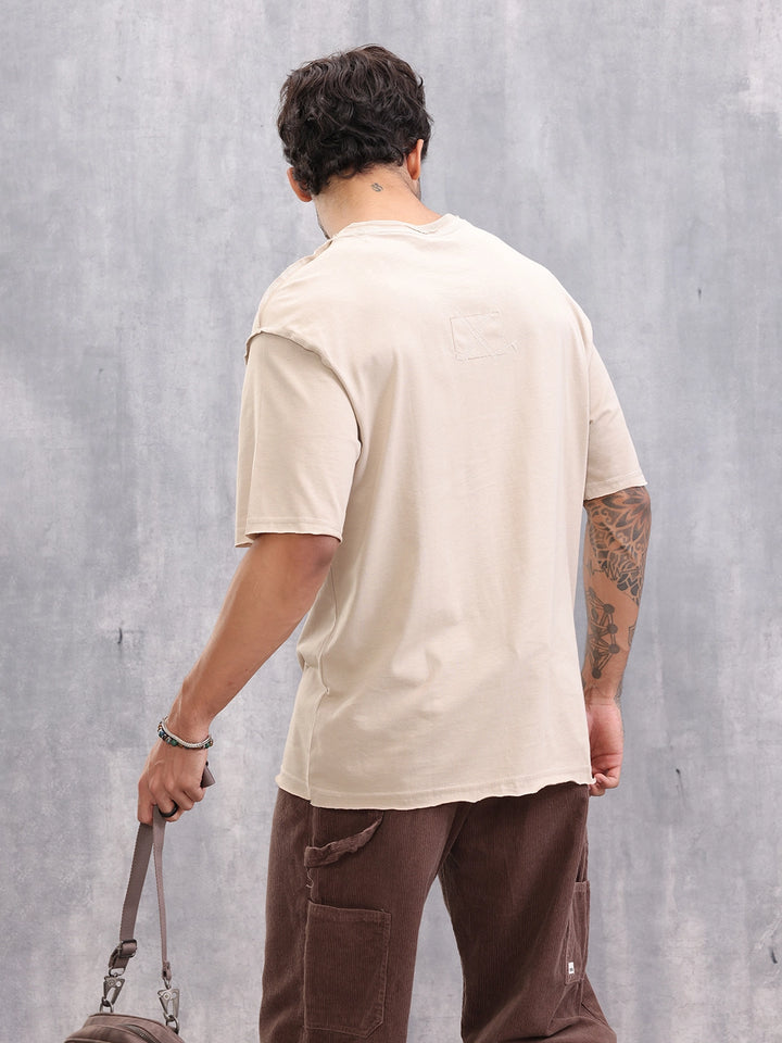 Raw Edge Oversized Fit T-shirt With Flat Lock Detail | Beige