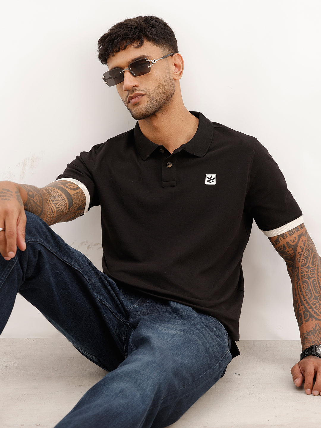 Slim Fit Contrast Sleeve Polo T-Shirt | Black