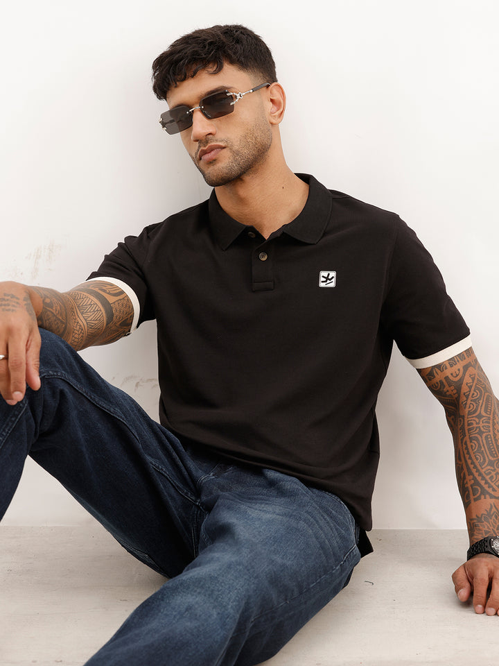 Regular Fit Contrast Sleeve Polo T-Shirt | Black