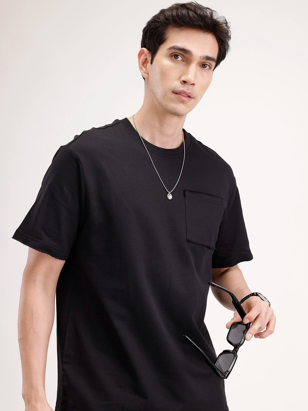 Oversized Solid Patch Pocket T-Shirt | Black