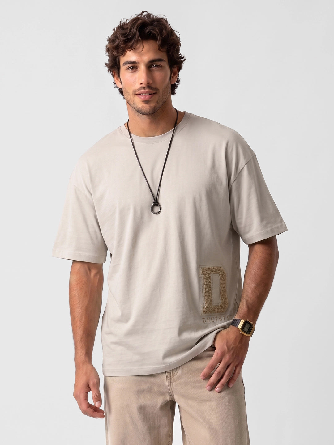 Classic Embroidered Patch Detail T-Shirt | Beige