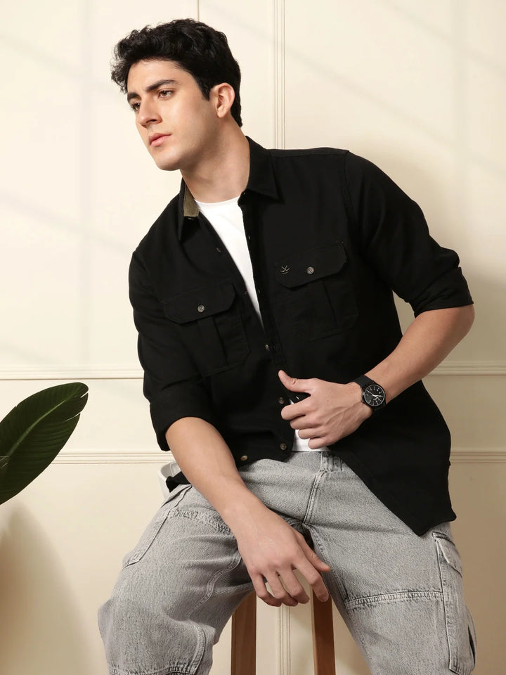 Fine Corduroy Slim Fit Shirt | Black