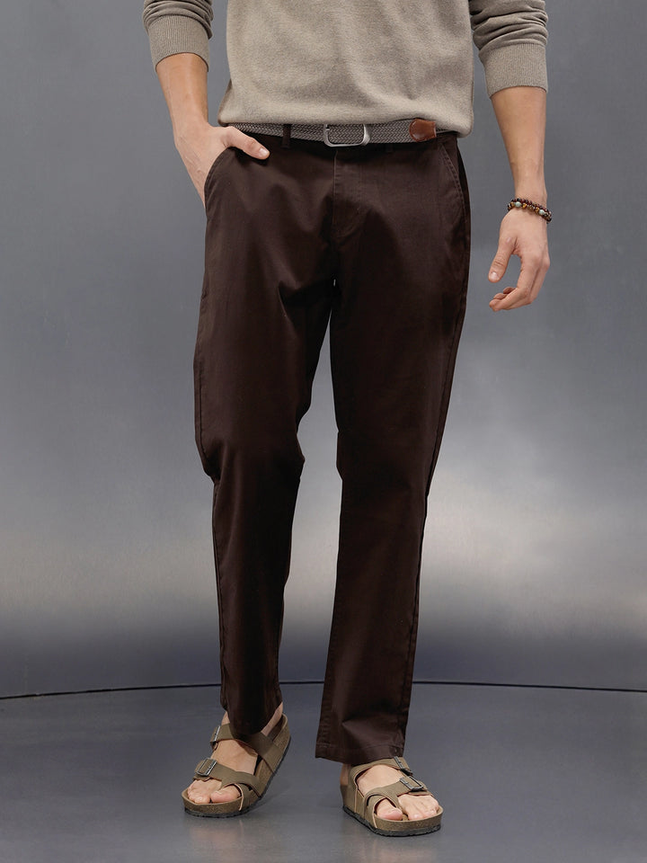 Regular Fit Solid Trousers In Premium Fabric | Dark Brown