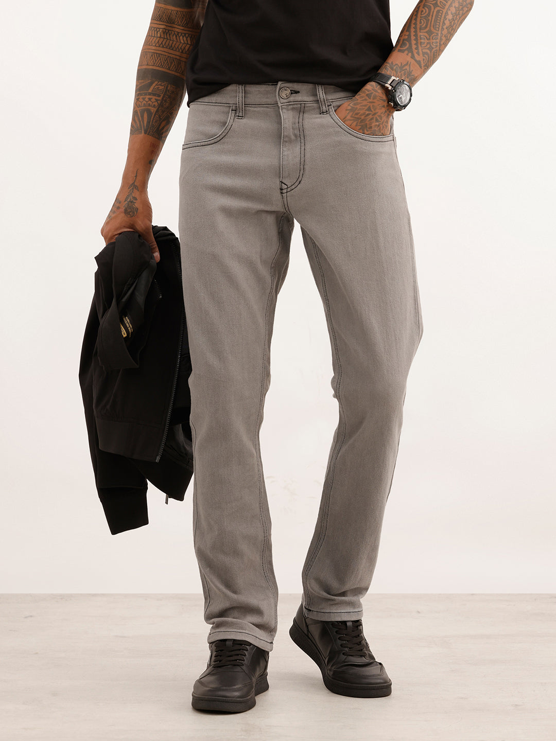 Solid Straight Fit Denim Jeans | Grey