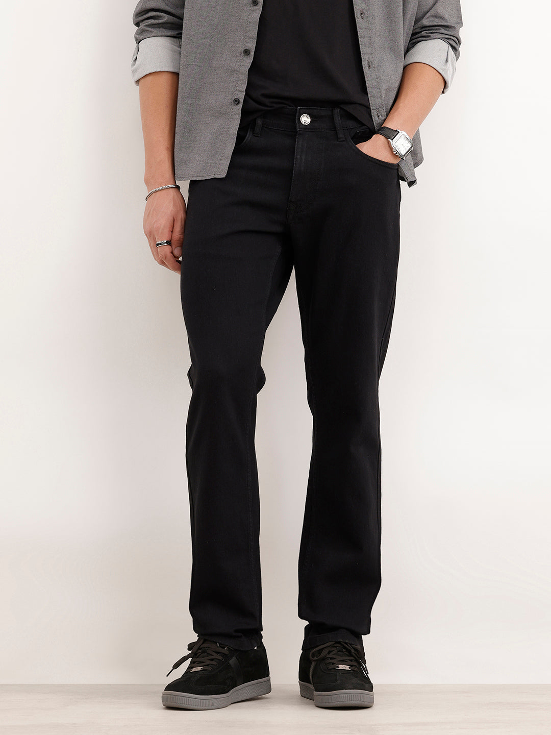 Straight Fit Solid Denim Jeans  | Black