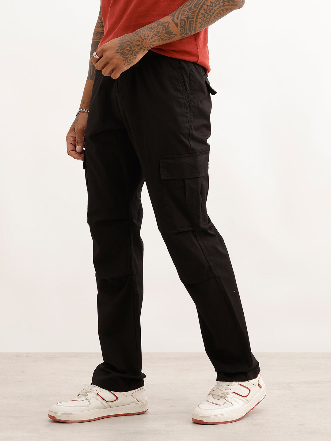 Solid Straight Fit Cargo Trousers | Black