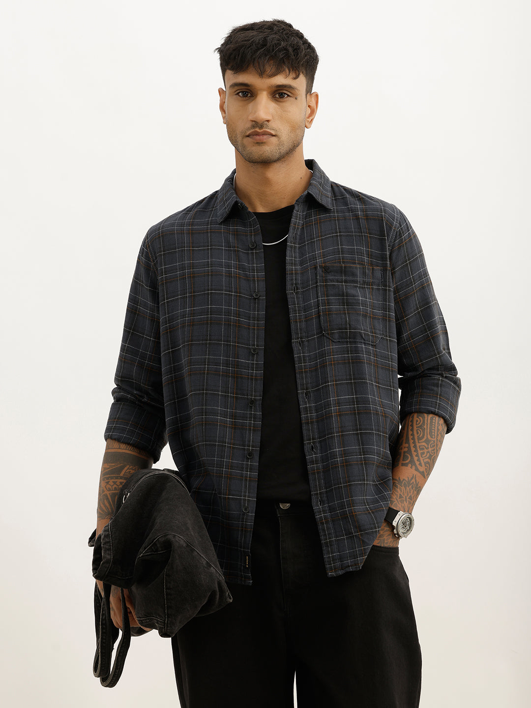 Classic Slim Fit Checkered Shirt | Dark Grey