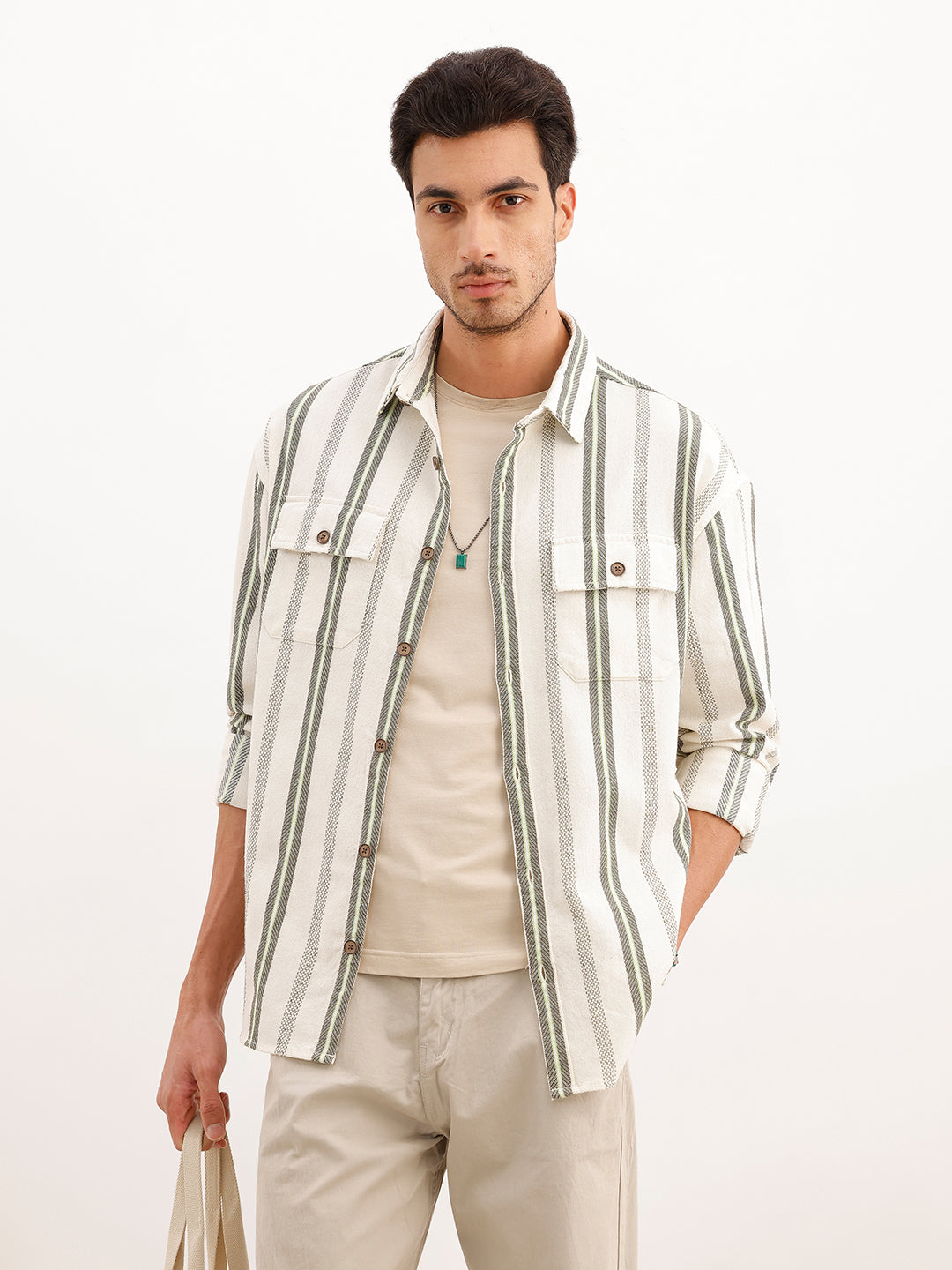 Oversized Textured Full Sleeve Shirt | Off White | WTSH0323M