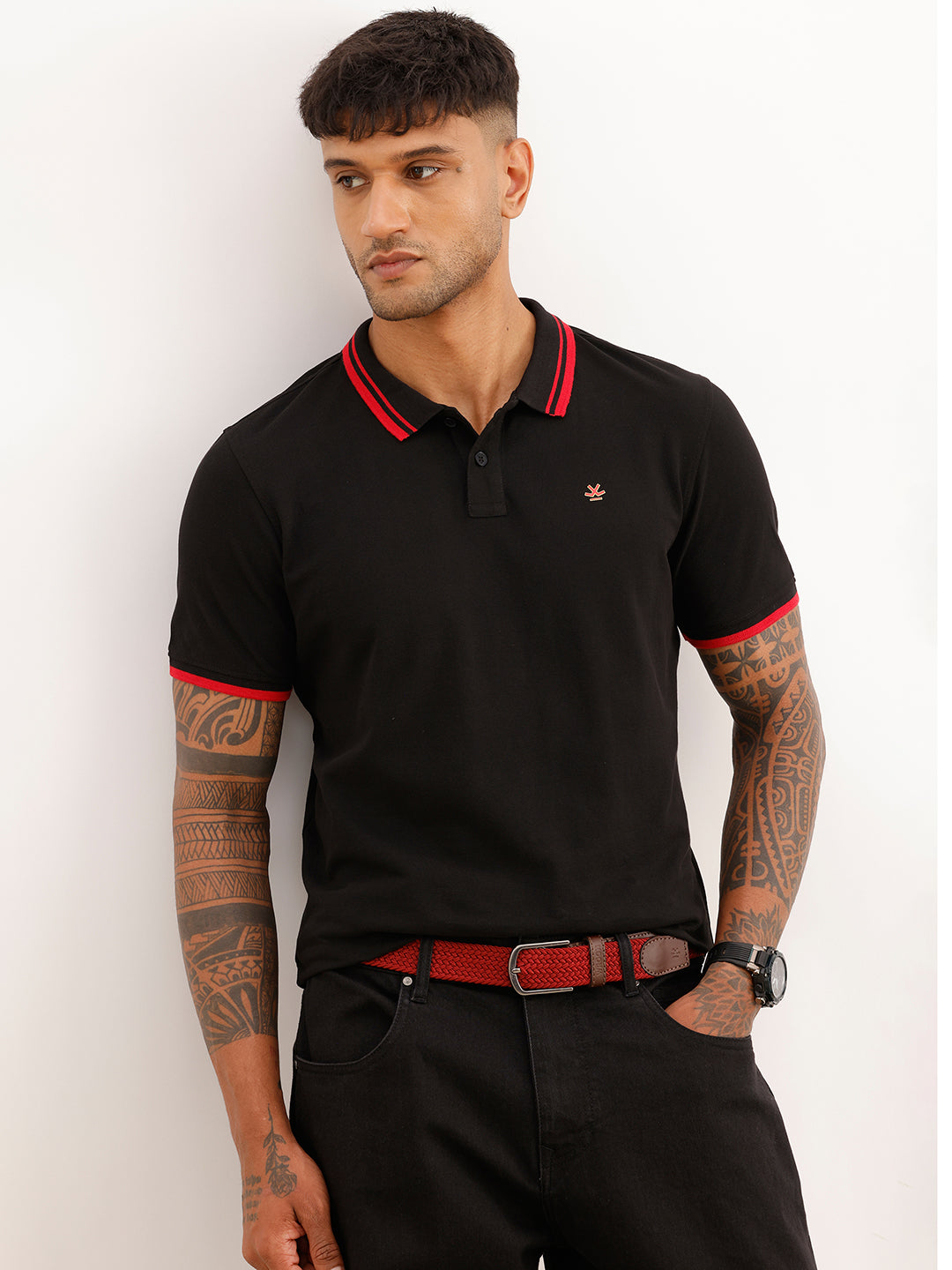 Regular Fit Tipping Collar Polo T-Shirt | Black