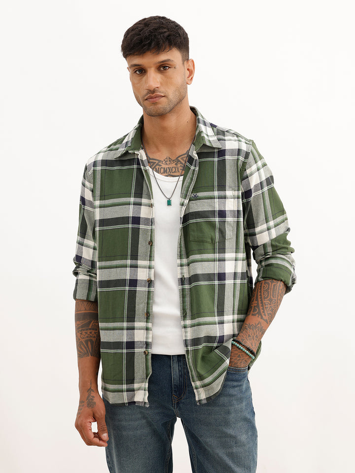 Regular Fit Checkered Full Sleeve Shirt | Olive