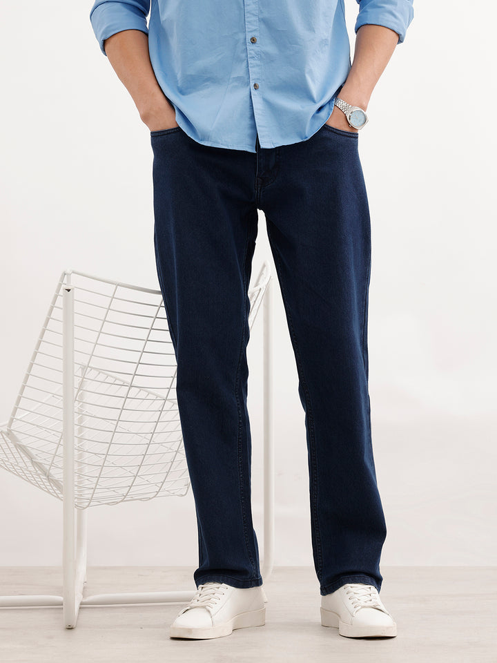 Relaxed Fit Solid Denim Jeans  | Dark Blue