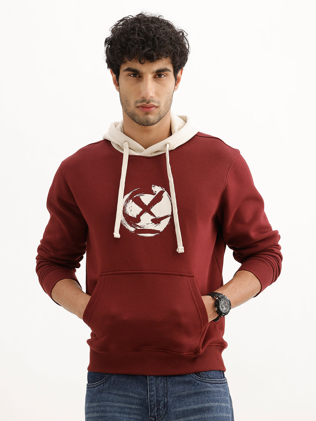 Placement Printed Contrast Hooded Sweatshirt | Maroon