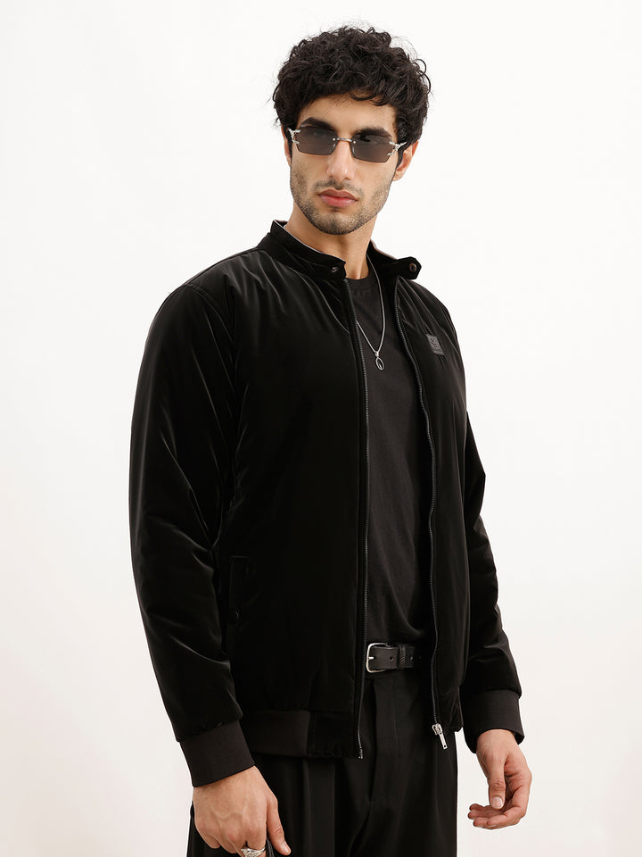 Solid Slim Fit Bomber Jacket | Black