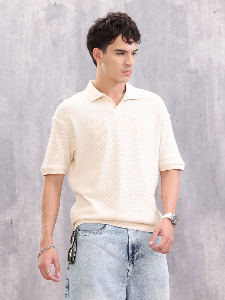 Textured Tonal Embroidered Oversized Fit Jhonny Collar T-Shirt | Beige