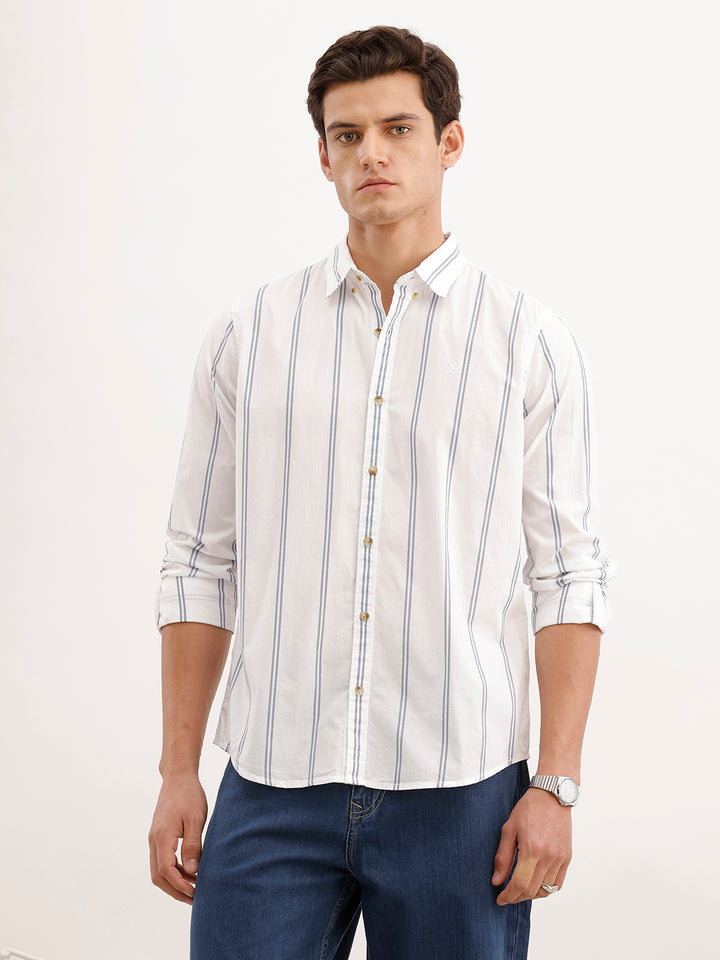 Slim Fit Striped 100% Cotton Shirt  | White