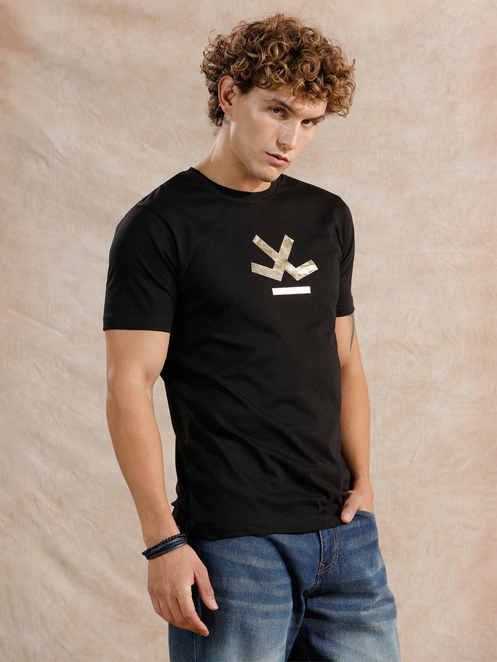 Gold Foil Print Slim Fit T-Shirt | Black