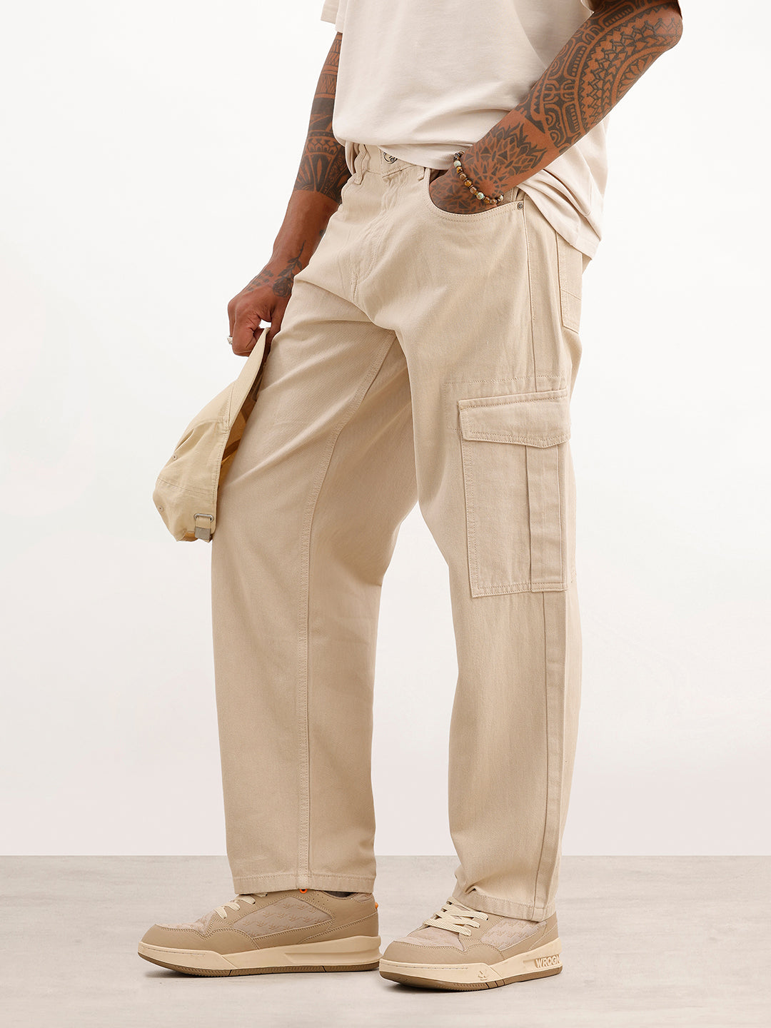 Solid Loose Fit Cargo Trouser | Beige