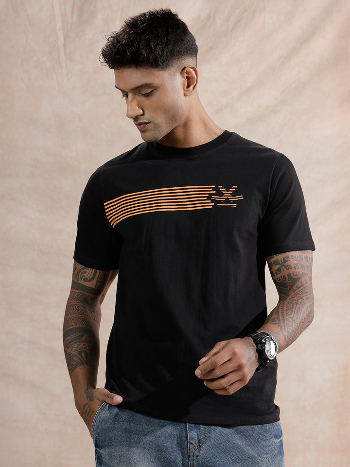 Striped Logo Printed T-Shirt | Black